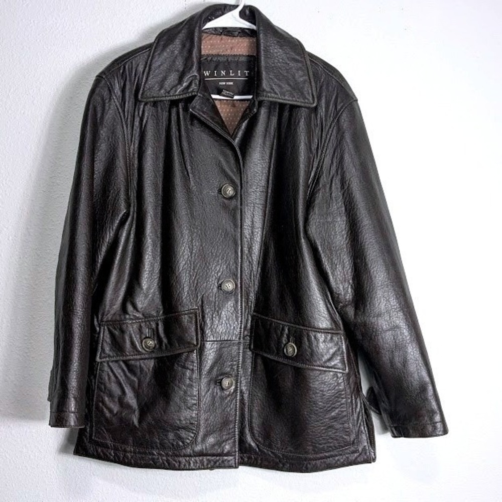 Winlit New‎ York Mens Dark Brown Leather M Car Coat Button Front Jacket Vintage